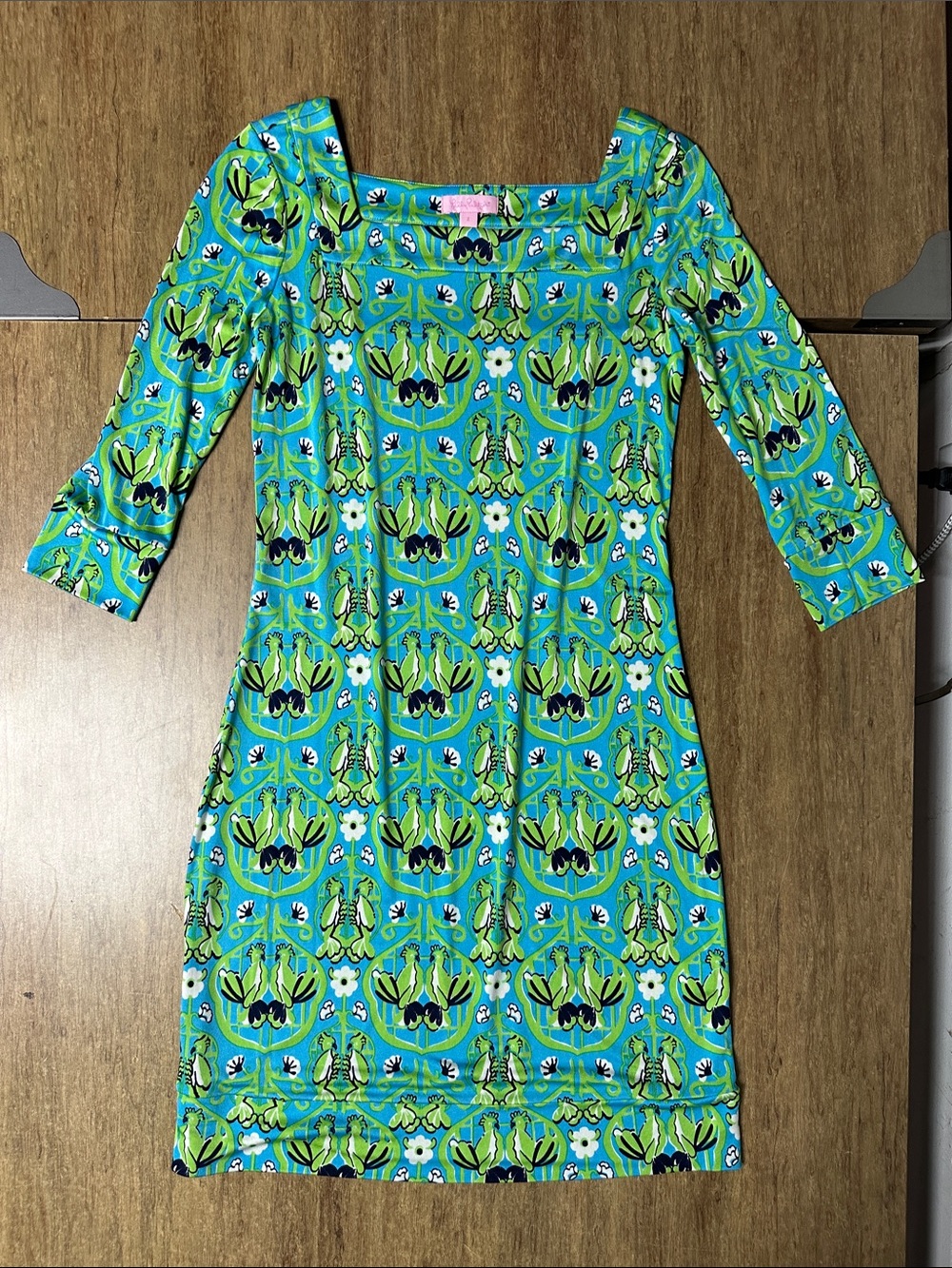 Lilly Pulitzer 100% silk rare cockatoo bird print stretchy midi green blue dress